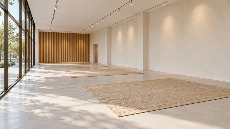 Empty showroom with timber feature wall and jute rugs