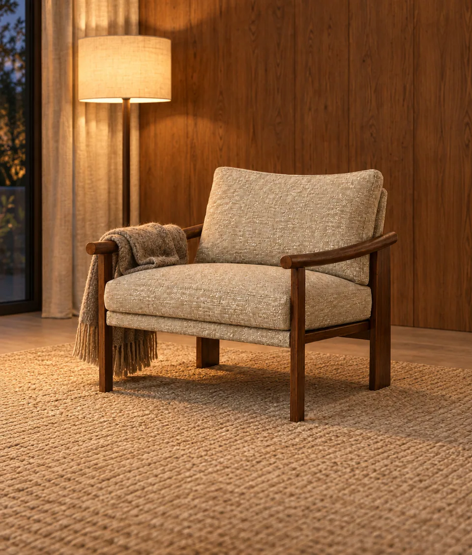 Mangeshi Arm Chair in sand bouclé with a dark-stained oak frame, in a warm timber-panelled lounge in evening lamplight