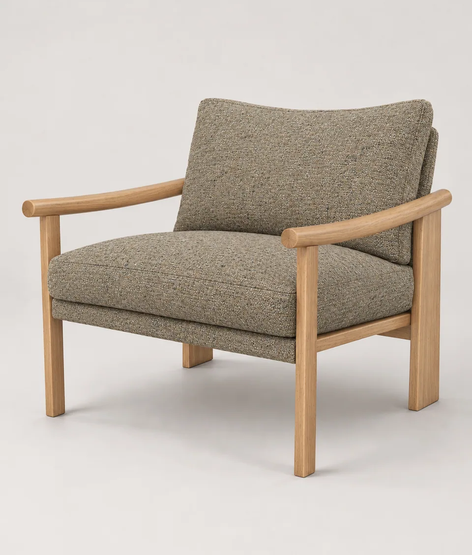 Mangeshi Arm Chair in olive tweed with a natural oak frame, front three-quarter view on a neutral studio background