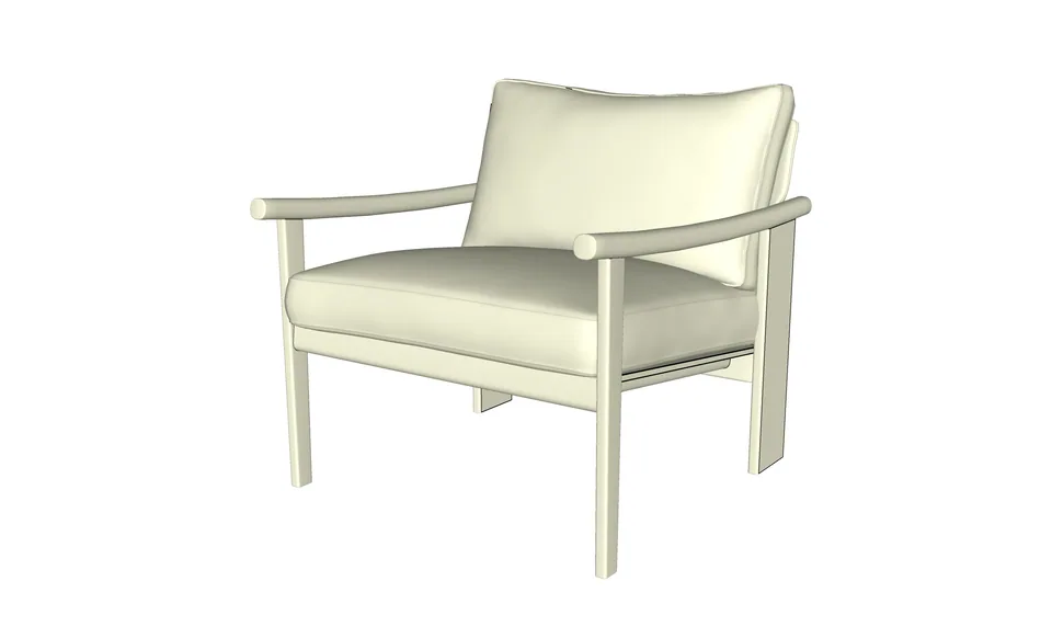 Untextured 3D model of the armchair, front three-quarter view