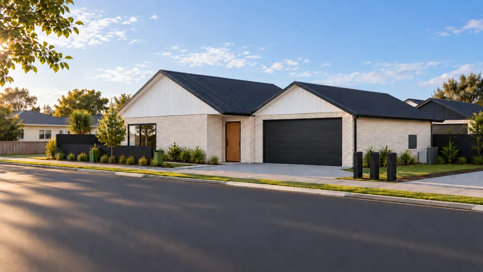 Street view 3D exterior render of a single-storey white brick home with a black gable roof and double garage