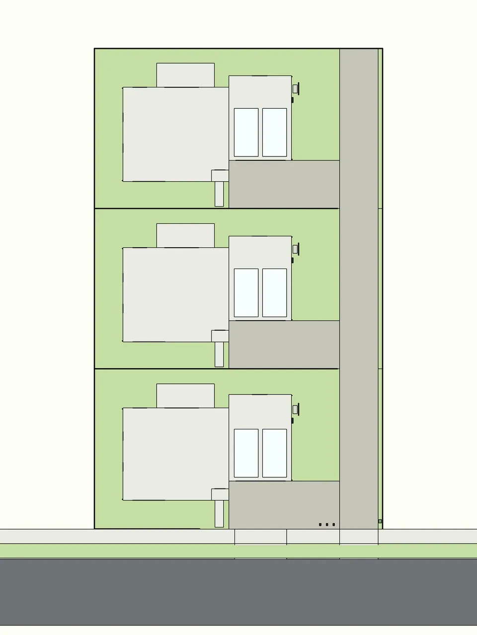 Top-down footprint view of three homes, garages and patios on three lots