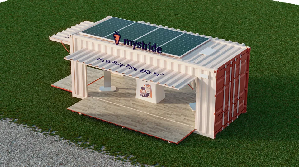 Aerial 3D render of the container booth roof showing solar panels, a flat satellite internet dish and the mystride rooftop sign