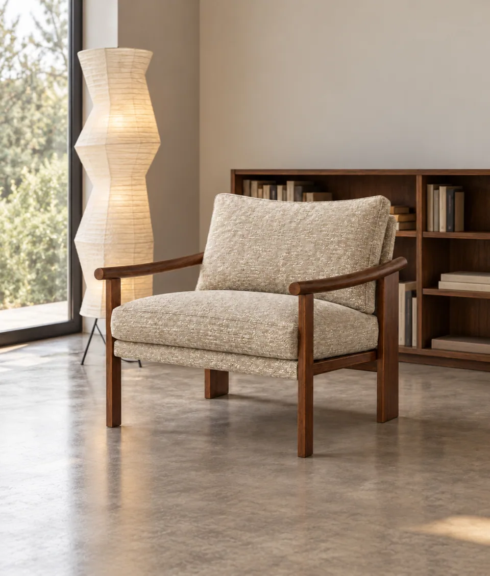 Mangeshi Arm Chair in sand bouclé with a dark-stained oak frame, in a bright reading corner beside a bookcase and a paper floor lamp