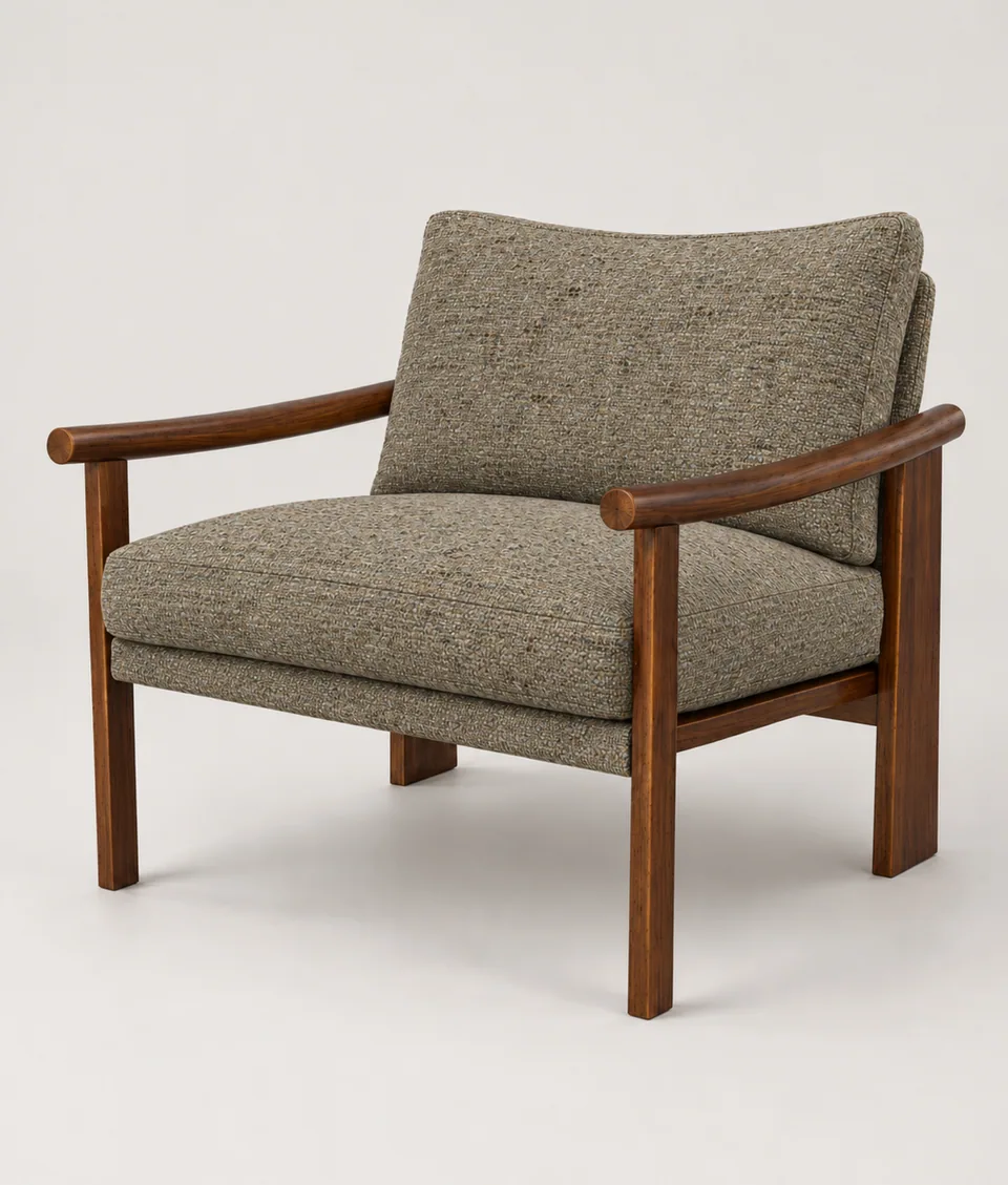 Mangeshi Arm Chair in olive tweed with a dark-stained oak frame, front three-quarter view on a neutral studio background