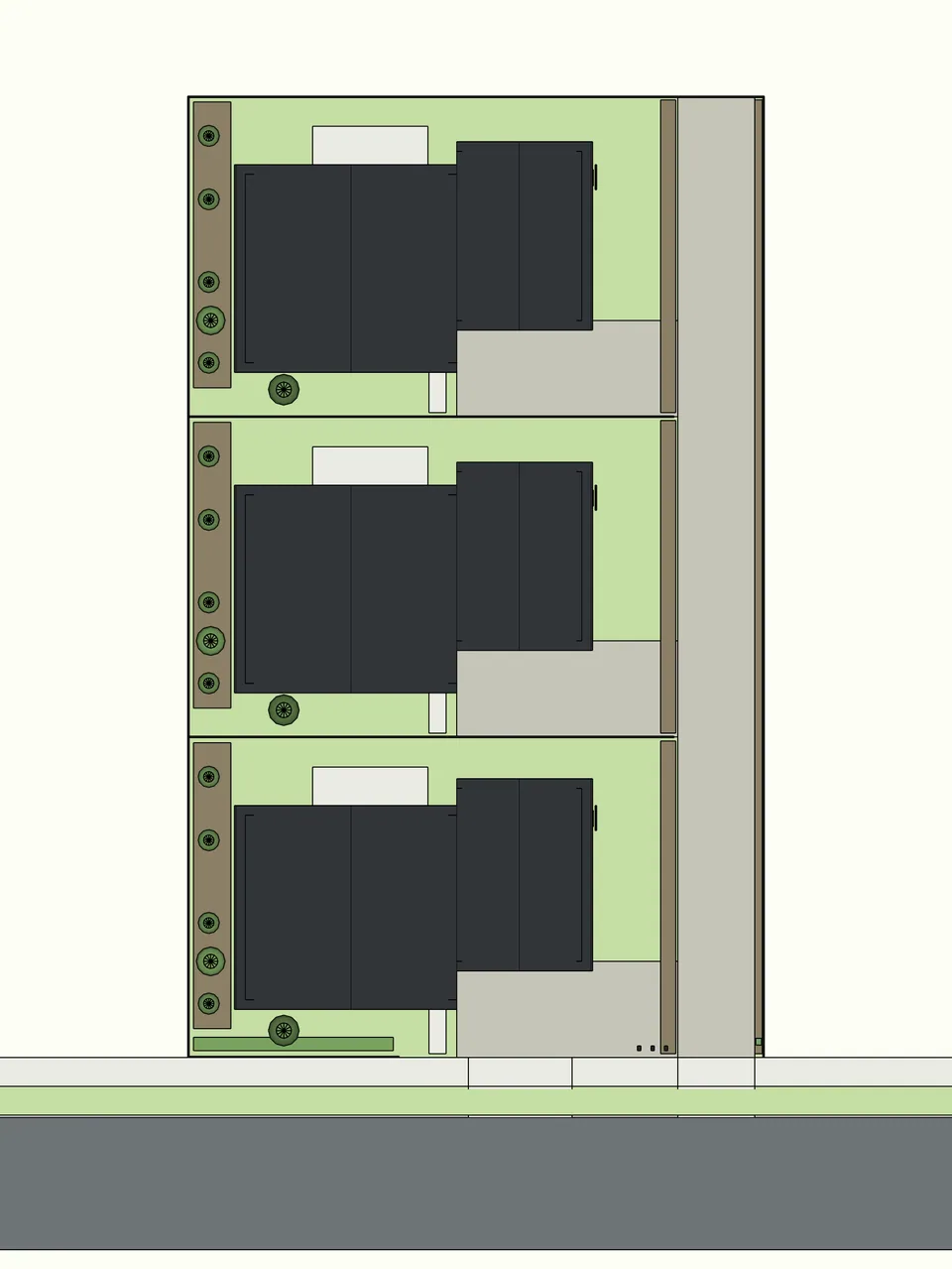 Top-down view of the 3D massing model showing three homes along a shared driveway