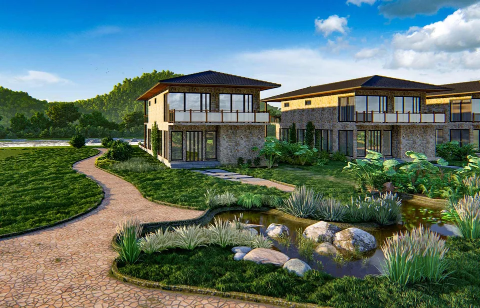 River Villas exterior at golden hour