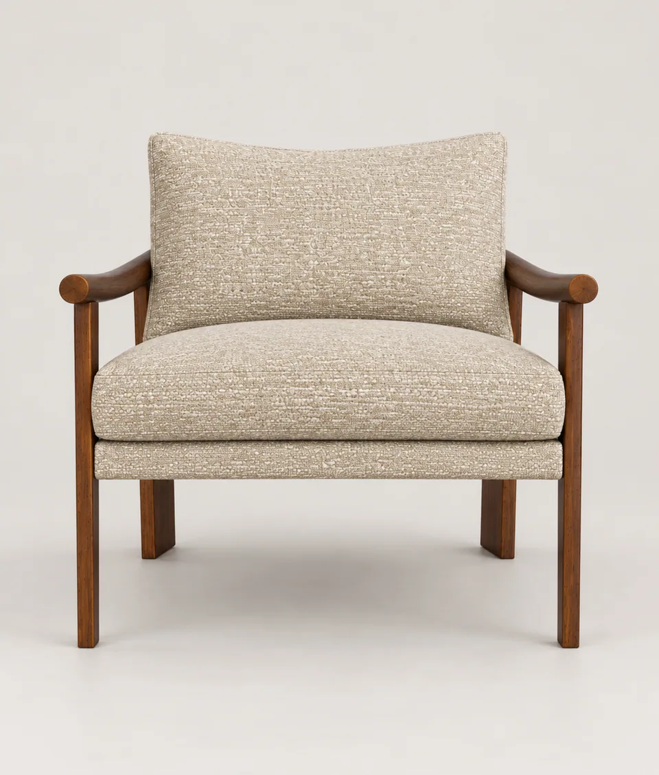 Mangeshi Arm Chair in sand bouclé with a dark-stained oak frame, front view