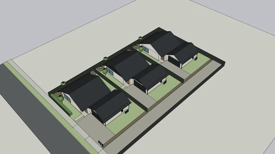 3D massing model of three homes and a shared driveway on a rectangular site, aerial view