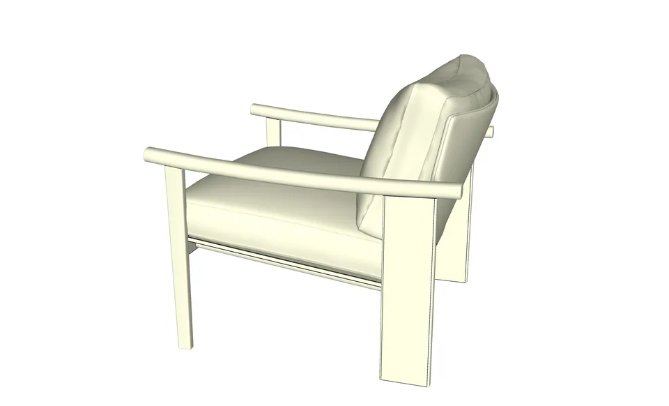Untextured 3D model of the armchair, rear three-quarter view