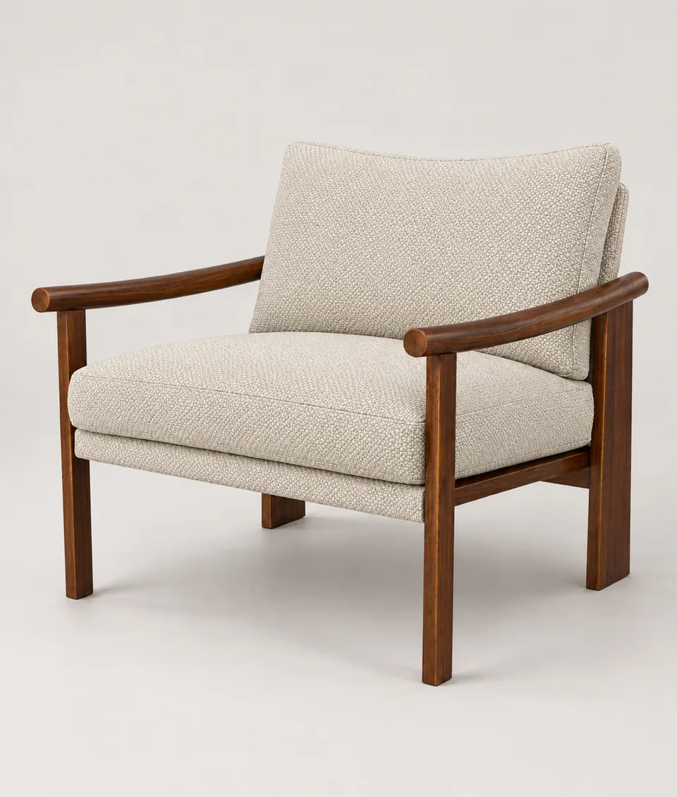 Mangeshi Arm Chair in oatmeal weave with a dark-stained oak frame, front three-quarter view on a neutral studio background